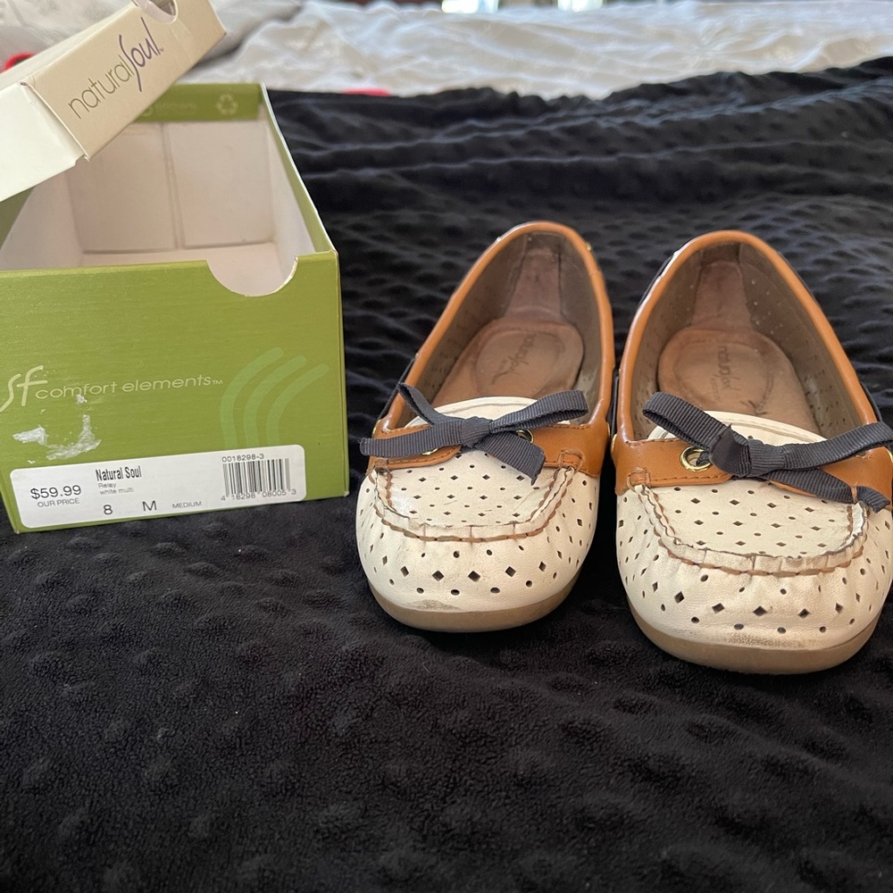 Natural Soul comfort elements slip on white multi colored shoe.